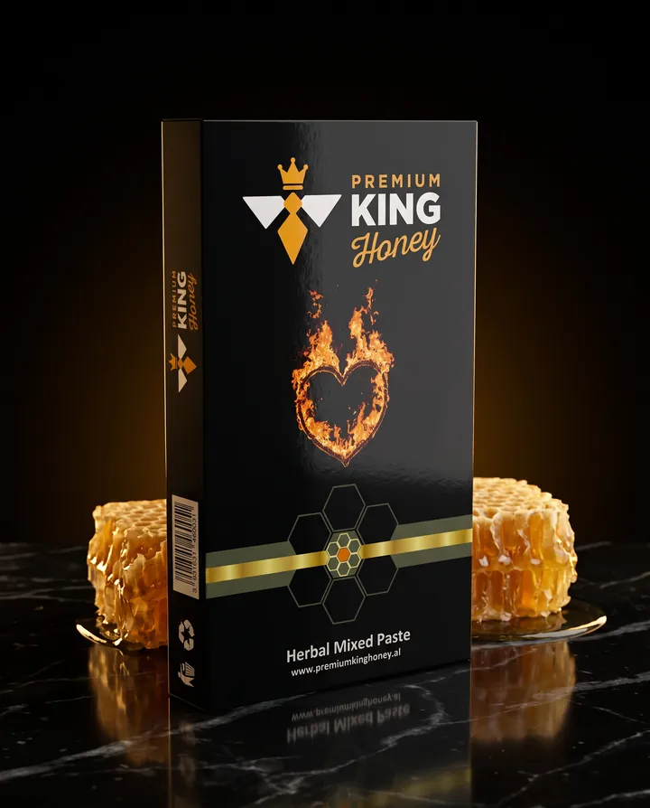 Kutia e zezë Premium King Honey mbi mermer të zi, mes dy copave hojeje, me dritë qelibar pas saj.