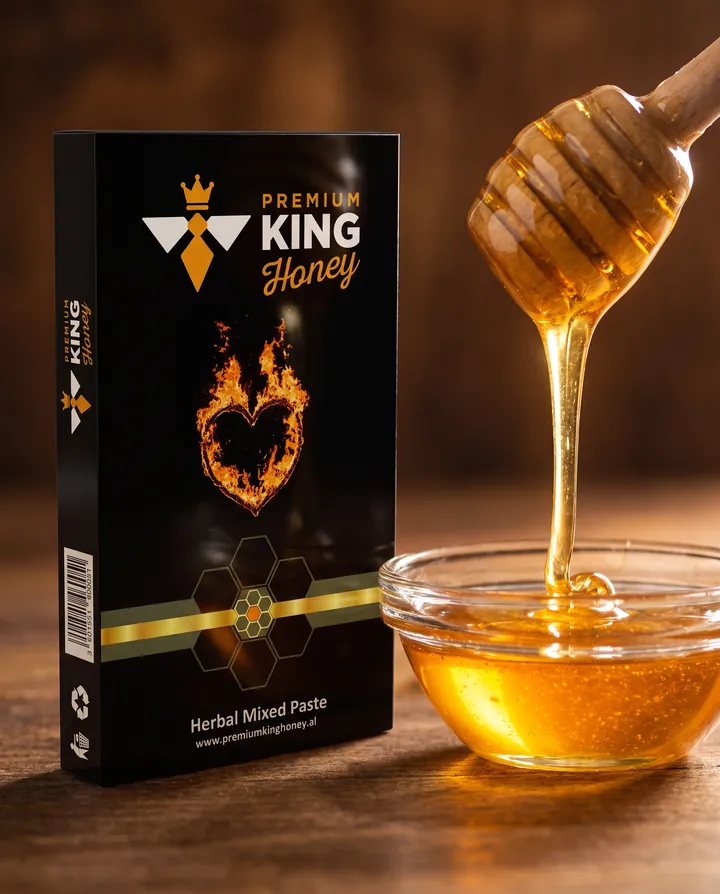 Kutia Premium King Honey pranë një tasi me mjaltë që rrjedh nga lugë druri mjalti.